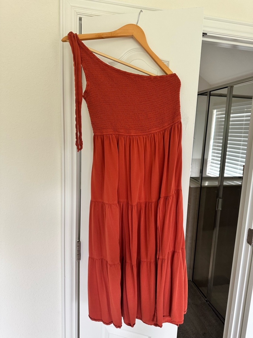 One-Shoulder Tiered Maxi Dress in Rust Red